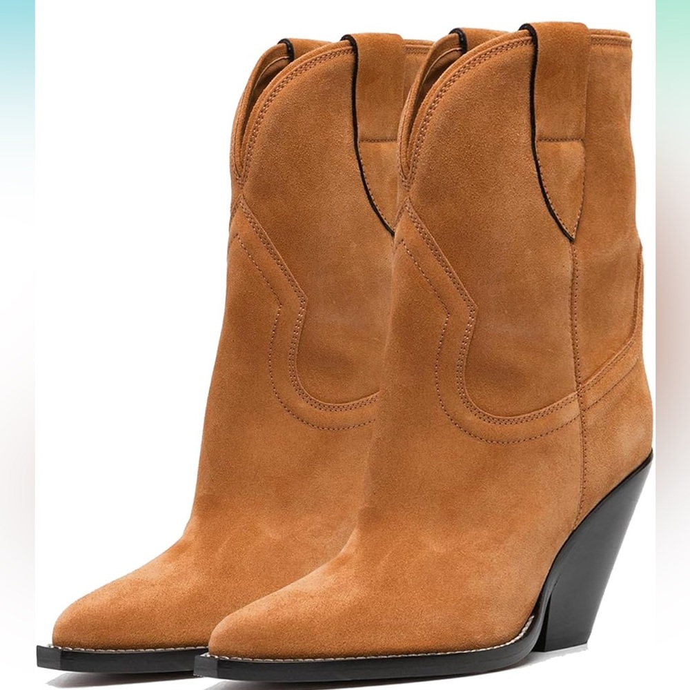 Women Cowboy Boots High Chunky Stacked Heel Western Mid calf Pointy Closed Toe